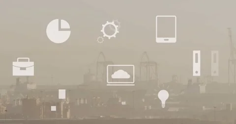 Animation of multiple icons over fog covered modern cityscape against sky Stock Footage 328360430