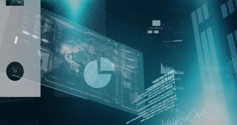 Animation of multiple icons over graphs, globe, loading bars, computer language Stock Footage 247124311