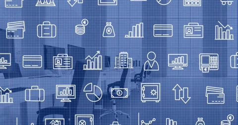 Animation of multiple icons over unoccupied chairs and computers on desk in Stock Footage 248281646