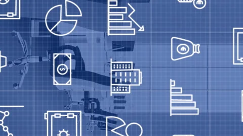 Animation of multiple icons over unoccupied chairs and computers on desk in Stock Footage 312875595