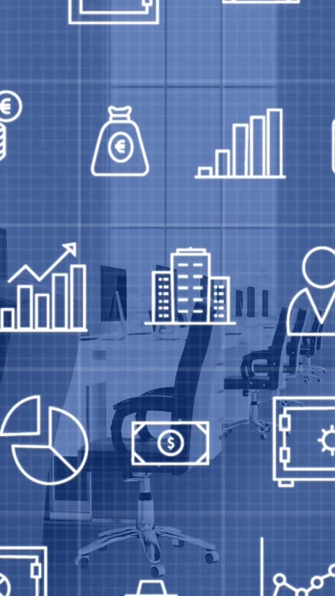 Animation of multiple icons over unoccupied chairs and computers on desk in Stock Footage 320983282