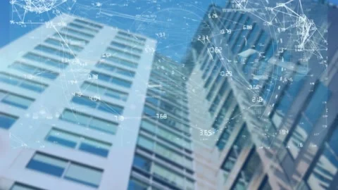Animation of multiple interfaces moving over low angle view of modern building Stock Footage 327361253
