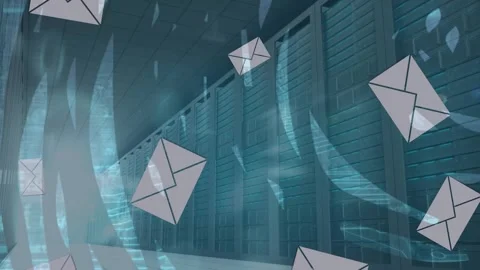 Animation of multiple message icons and binary coding over empty computer server Stock Footage 329419862
