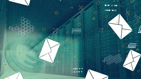 Animation of multiple message icons falling over round scanner against computer Stock Footage 247909363