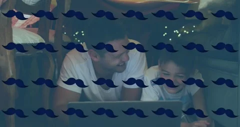 Animation of multiple moustache icons in seamless pattern over caucasian father Video stock 330114049