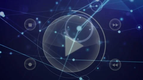 Animation of multiple music buttons over dots connected with lines against Stock Footage 328150388