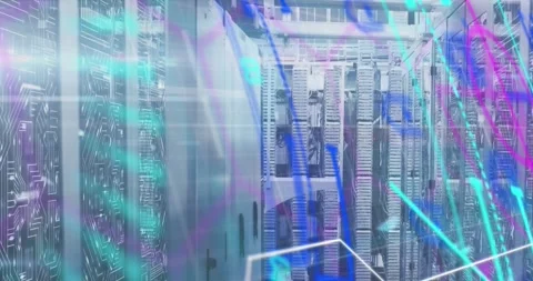 Animation of multiple neon round scanners against empty computer server room Stock Footage 325965338