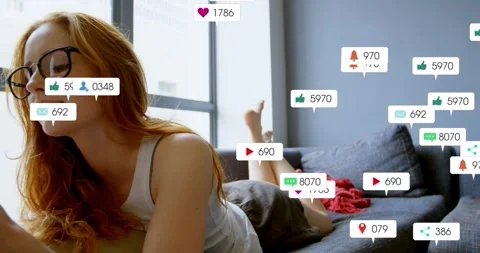 Animation of multiple notification bars over caucasian girl lying on bed and Stock Footage 255172939