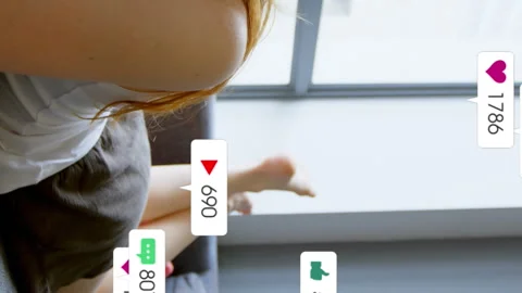 Animation of multiple notification bars over caucasian girl lying on bed and Stock Footage 312847469