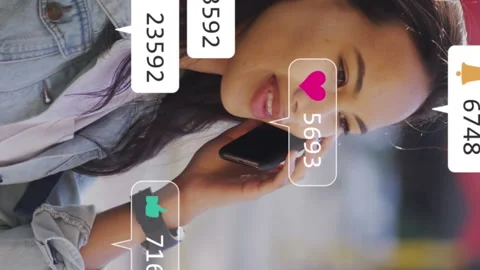 Animation of multiple notification bars over smiling asian woman talking on Stock Footage 313296066