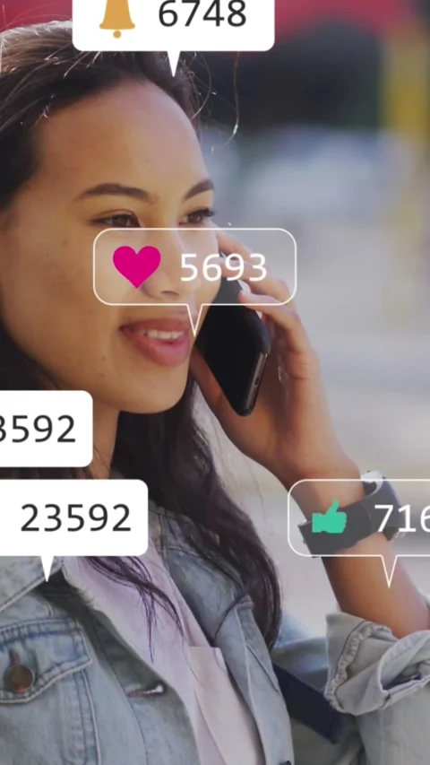 Animation of multiple notification bars over smiling asian woman talking on Stock Footage 320811634