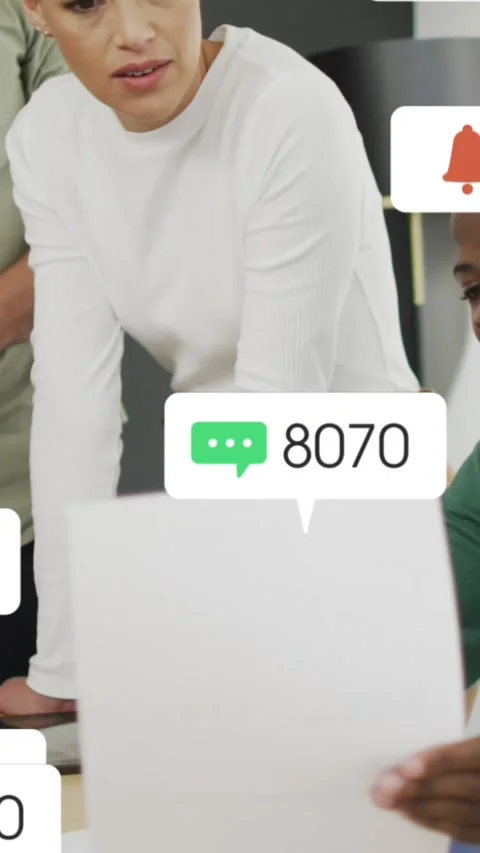 Animation of multiple notification bars over diverse coworkers discussing Stock-Footage 323578725