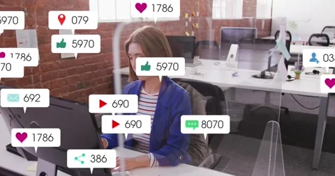 Animation of multiple notification bars over asian woman working on computer in Stock Footage 326304846