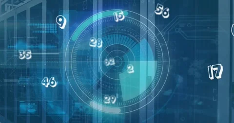 Animation of multiple numbers floating over round scanner against computer Stock Footage 329923887