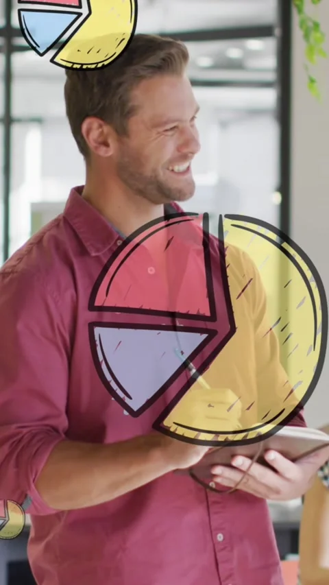 Animation of multiple pie graph icons over two diverse men smiing while 스톡 동영상 319222758