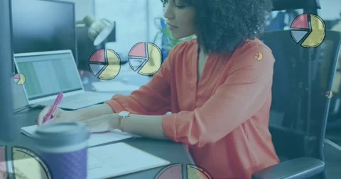 Animation of multiple pie graph icons floating over african american woman 스톡 동영상 329859197