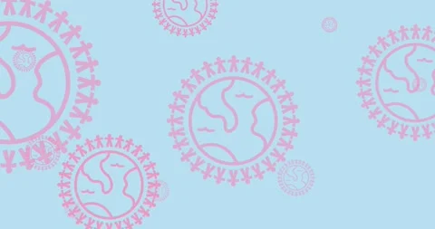 Animation of multiple pink globe logo flying on blue background Stock Footage 328708377