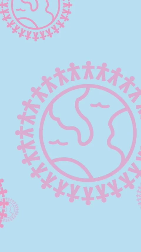 Animation of multiple pink globe logo flying on blue background Stock Footage 344284734