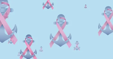 Animation of multiple pink ribbon anchor logo flying on blue background Stock Footage 329164086