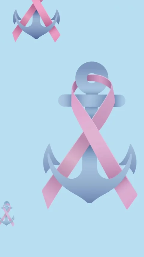 Animation of multiple pink ribbon anchor logo flying on blue background Stock Footage 344244299