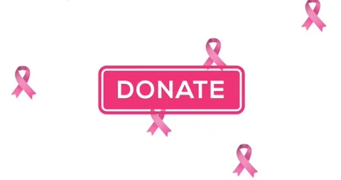 Animation of multiple pink ribbon logo falling over donate text appearing on Stock Footage 328164349