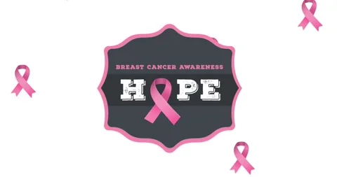 Animation of multiple pink ribbon logo falling over breast cancer text appearing Stock Footage 328259377