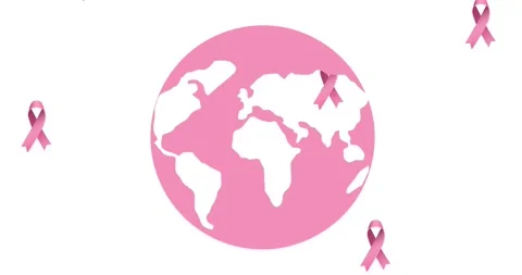 Animation of multiple pink ribbon logo falling over pink globe logo appearing on Stock Footage 328453040