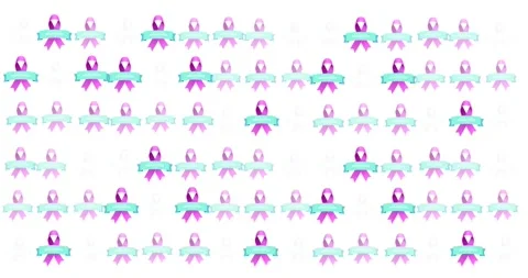 Animation of multiple pink ribbon logo and breast cancer text glowing on white Stock Footage 328504677