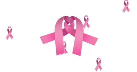 Animation of multiple pink ribbon logo falling over pink ribbons appearing on Stock Footage 328708354
