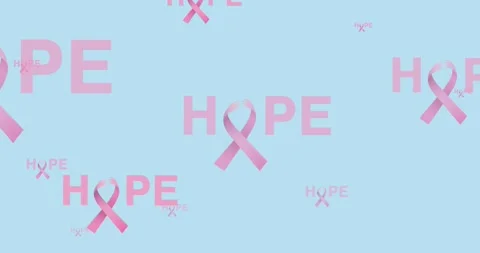 Animation of multiple pink ribbon logo and hope text flying on blue background Stock Footage 328816545