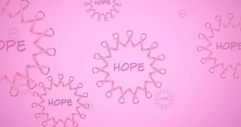 Animation of multiple pink ribbon logo and hope text flying on pink background Stock Footage 328923710