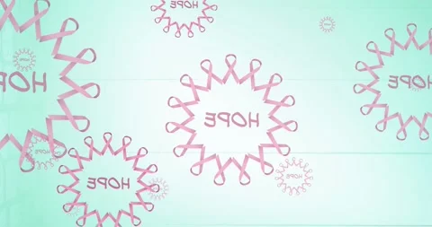 Animation of multiple pink ribbon logo and hope text appearing on blue Stock Footage 328923757