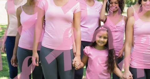 Animation of multiple pink ribbon logo over diverse group of smiling women Stock Footage 328971458