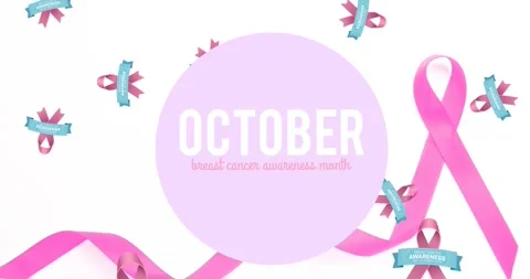Animation of multiple pink ribbon logo over breast cancer text on white Stock Footage 329164115