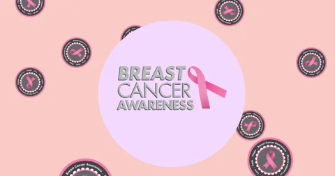 Animation of multiple pink ribbon logo over breast cancer text on pink Stock Footage 329164117