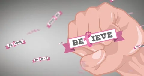 Animation of multiple pink ribbon logo with believe text appearing on fists Stock Footage 329220272