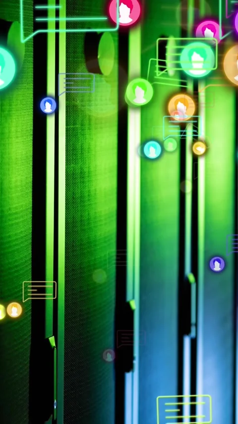 Animation of multiple profile and message icons against computer server room Stock Footage 344369735