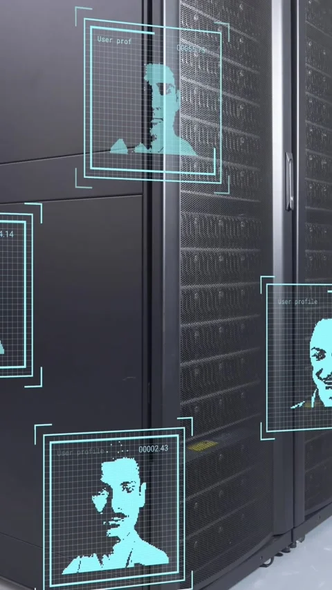 Animation of multiple profile icons against empty computer server room Stock Footage 343828840