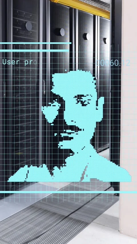 Animation of multiple profile icons against empty computer server room Stock Footage 343867895