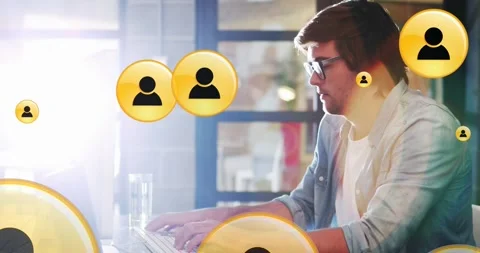 Animation of multiple profile icons over caucasian programmer frustrated as Stock Footage 327898250