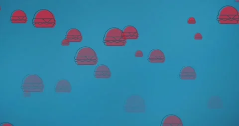 Animation of multiple red hamburgers floating on blue background Video stock 163184853