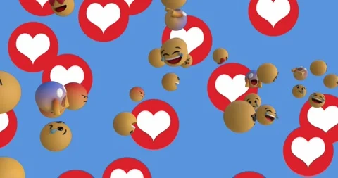 Animation of multiple red heart icons and face emojis floating against blue Stock Footage 330732520