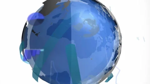 Animation of multiple rotating globes, computer language and graphs over white Stock Footage 313424721