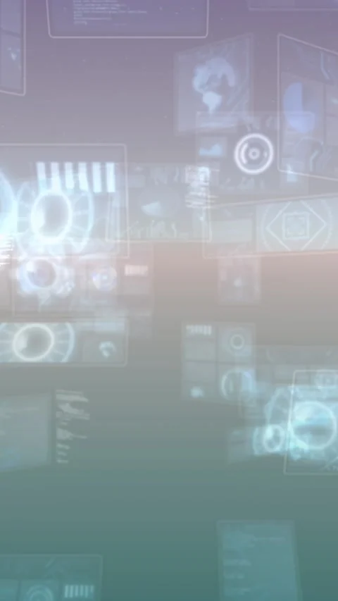 Animation of multiple round scanners and data processing against gradient Stock Footage 344693406