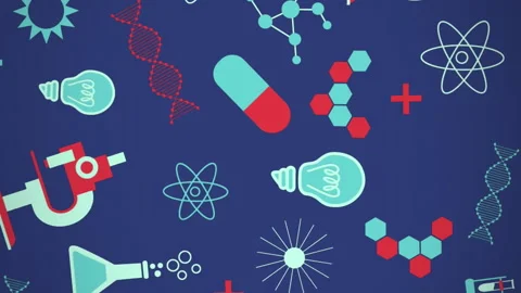 Animation of multiple science concept icons against copy space on blue Stockbeeldmateriaal 312489257