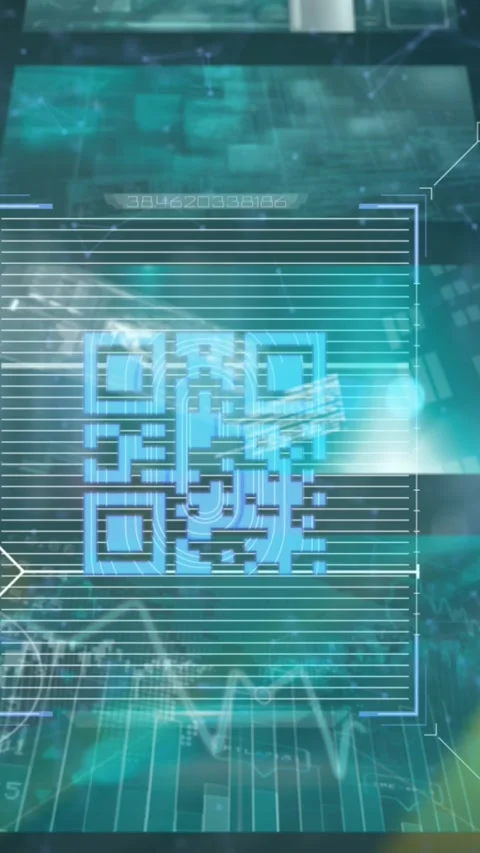 Animation of multiple screens with data processing and qr code scanner over Vidéo 342612495