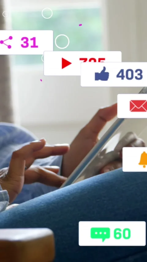 Animation of multiple social media icons over mid section of a woman using Stock Footage 344524890