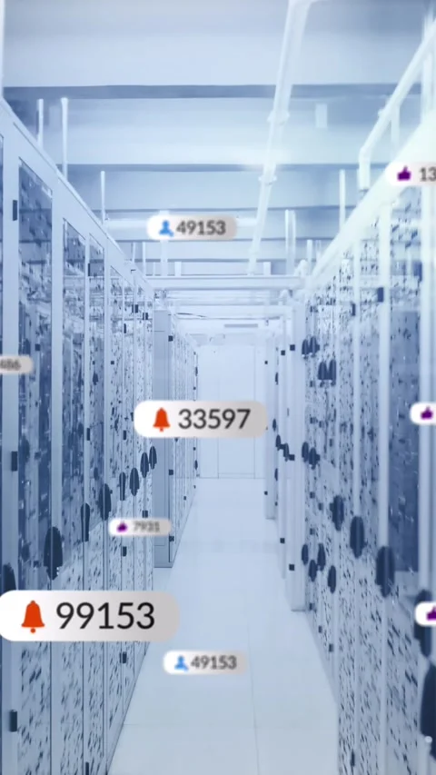 Animation of multiple social media icons against mosaic squares over computer Stock Footage 344613976