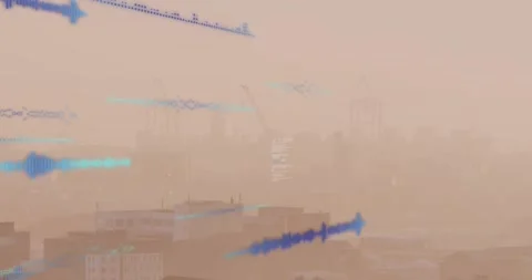 Animation of multiple soundwaves and computer language over aerial view of fog Stock Footage 328595005