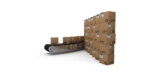 Animation of multiple stacked up cardboard boxes moving on conveyor belt on Stock Footage 328295272